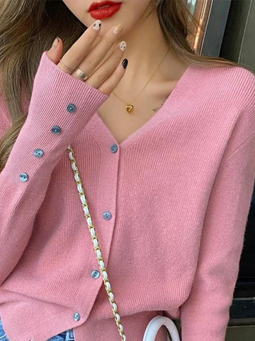 Back To School Sonicelife Solid Color V Neck Button Decor Cardigan