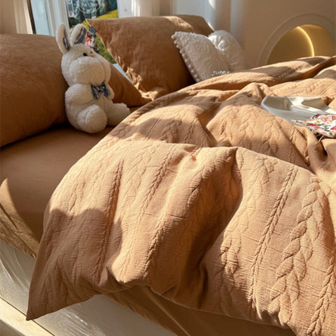 Sonicelife ins Princess Style Bed Four-Piece Set Knitted Washed Cotton Bed Sheet Quilt Cover Set Three-Piece Set Girls Bedding Set