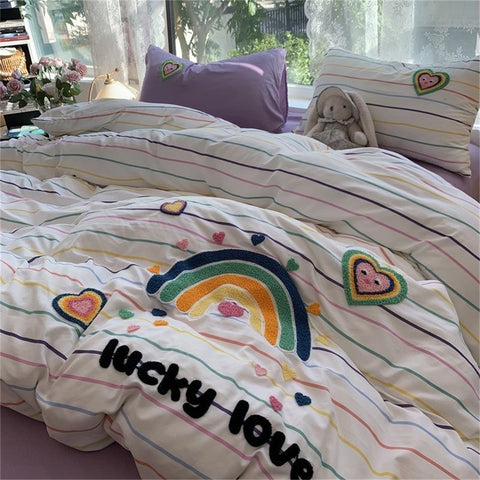 Sonicelife Korean Ins Dopamine Rainbow Embroidered Washed Cotton Bedding set Duvet Cover Home Luxury No Filling Bedding Set Bed Sheets