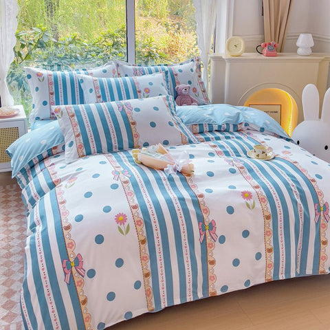 Sonicelife Ins Blue Stripe Duvet Cover Set Soft Flat Sheet Quilt Cover Pillowcase Bed Linen Twin Queen Full Size Floral Bedding Set