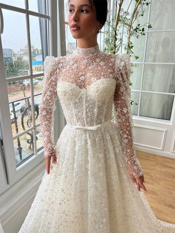 Sonicelife Customized Appliques Mesh Sleeves Tiered Ruffle A-line Wedding Dress Floor-Length vestidos de noche Cut-out Party  Dress-(PRE-ORDER)
