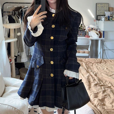 Sonicelife French Plaid Dresses Women Autumn Winter New Ruffles O Neck Single Breasted Pleated Dress Korean Slim Elegant Vintage Vestidos