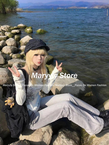 Sonicelife 2025 Y2k Aesthetic Cotton Tshirts Women All Match Tees Lace Patch Sexy Grunge Print T Shirt Long Sleeve Crop Top Fairy Clothes