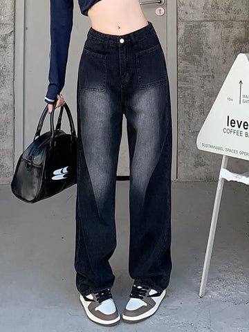 Sonicelife Vintage Jeans Women Y2K High Street Loose High Waist Wide Leg Denim Pants Korean Casual Streetwear Straight Denim Trousers