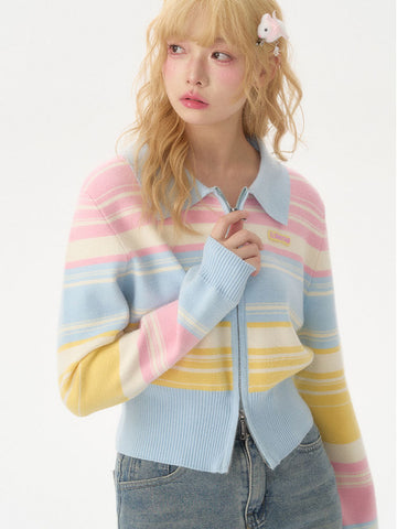 Sonicelife Fashion Rainbow Cardigan Sweaters Women Casual Zipper Sweet Knitted Short Coat Japan Slim Long Sleeve Female Fall Tops New