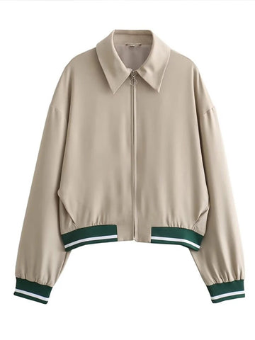 Sonicelife Loose Zipper Bomber Jackets Women Fashion Contrast Lapel Long Sleeve Pockets Female Short Coats 2024 Autumn Lady Casual Outwear