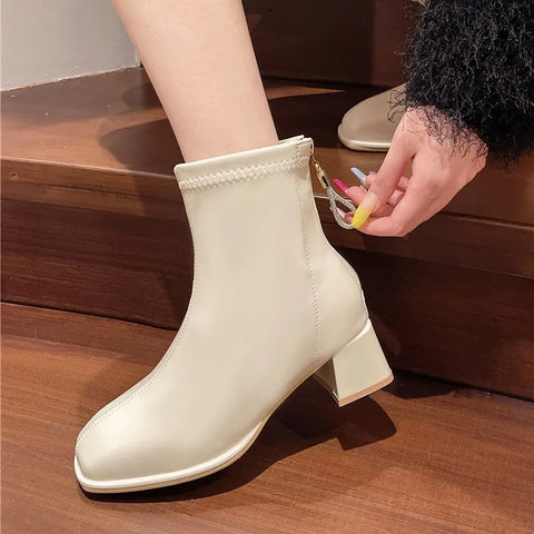 Sonicelife Square Toe Boots Women's Autumn Winter Elastic Thick Heel Back Zip Ankle Boots Fashion Gray Black Botas De Mujer