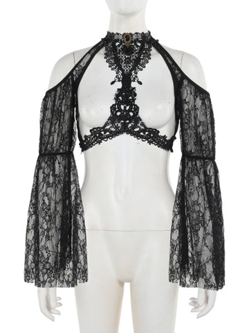 Sonicelife Vintage Gothic Lace Smock Women Sexy Streetwear Aesthetic Dark Punk Y2k Alt See Through Flare Sleeve Crop Blouse Female