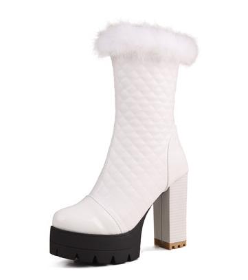 thanksgiving outfit Sonicelife Women Knight Boots Round Toe Block Heels 11cm Platform Hill Fur Mid Calf Bota Size 47 48