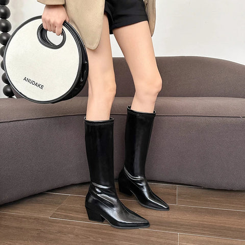 Sonicelife Pointed Toe Women Knee High Boots Belt Buckle Design Black Brown Wedge High heels Slip On Winter Knight Chelsea Botas Sexy Party