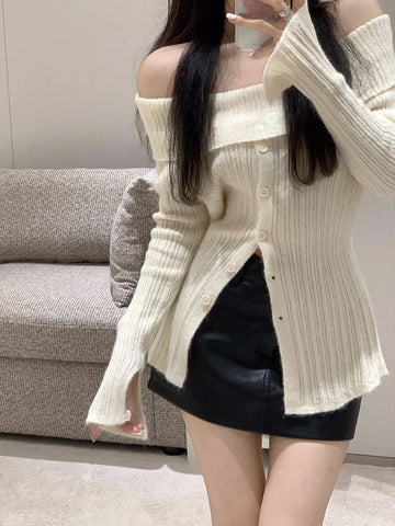 Sonicelife Chic Slash Neck Sweaters Women Sexy Off Shoulder Elegant Knitted Pullovers Korean Long Sleeve Sweet Female Fashion Jumpers
