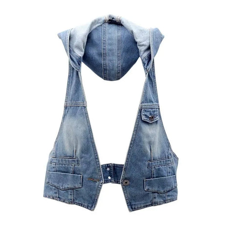 Sonicelife Vintage Denim Vest Women Hooded Short Spring Summer 2025 New Korean Femme Slim Sleeveless Jacket Waistcoat Women Jeans Vest