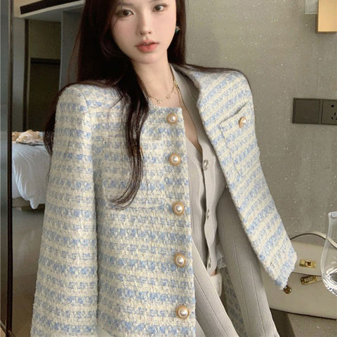 Sonicelife Vintage Crop Jackets Women Autumn Winter French Elegant Loose Preppy Style Coat O Neck All Match Casual Striped Jacket Tops