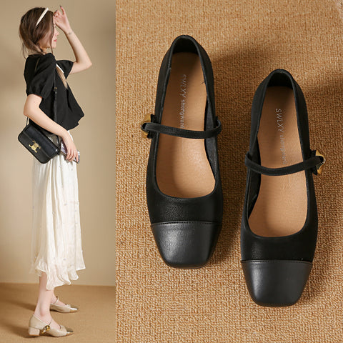 Sonicelife New Woman Sweet Square Toe Low Heels Lolita Shoes Female Cute classical Ballet Flats Lady Leather Buckle Stap Mary Janes Shoes