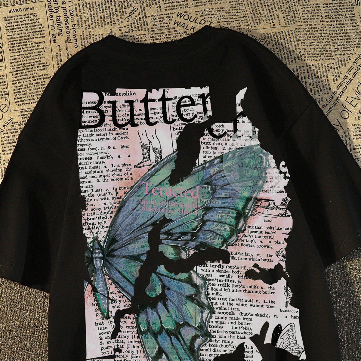 Sonicelife Vintage Patchwork Butterfly Print Oversized T-shirt