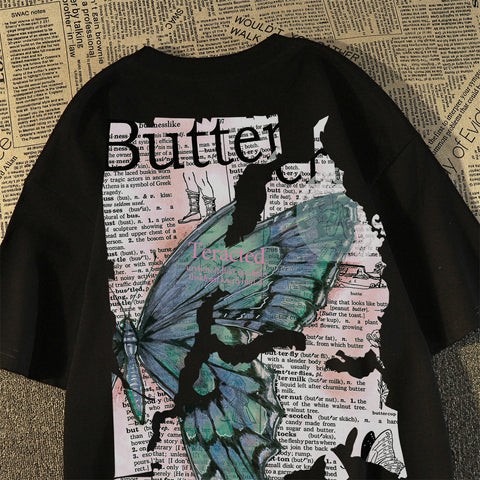Sonicelife Vintage Patchwork Butterfly Print Oversized T-shirt