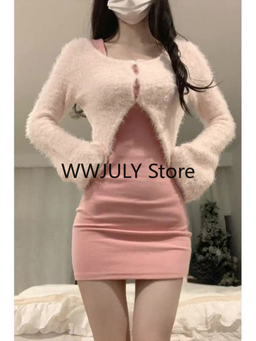 Sonicelife Autumn Sexy Strap Y2k Mini Dress Sets Women Pink Sweet Sweater Tops Elegant Bodycon Slim 2 Piece Skirt Dress Korean Fashion 2025