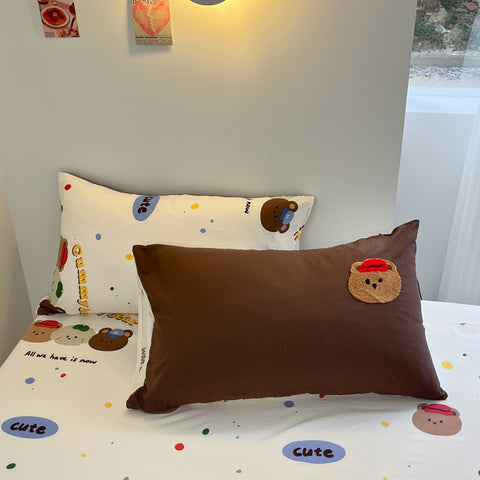 Sonicelife Mocha Bear Embroidery Bedding Set Twin Queen Duvet Cover Set Pillowcases for Adult Kids Bed Flat Sheet Cute Quilt Cover Kawaii