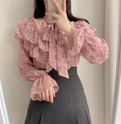 Retro Pink Plald Patchwork Shirts Women Tops Fall Korean Style Casual Loose Ruffled Long Sleeve Femme Shirts Fasion Design Shirt