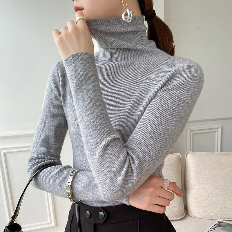 christmas outfit Sonicelife Women Sweater Winter Cashmere Turtleneck Warm Knitwear Korean Casual Solid Bottoming Shirt Fashion Knit Pullovers Brown Sweater