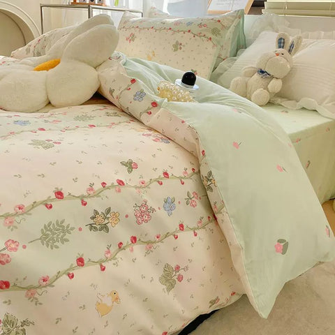 Sonicelife Ins Bedding Set Cream Green Floral Twin Queen Size Duvet Cover Flat Sheet Pillowcase No Filler Girl Boy Gift Home Bed Linens