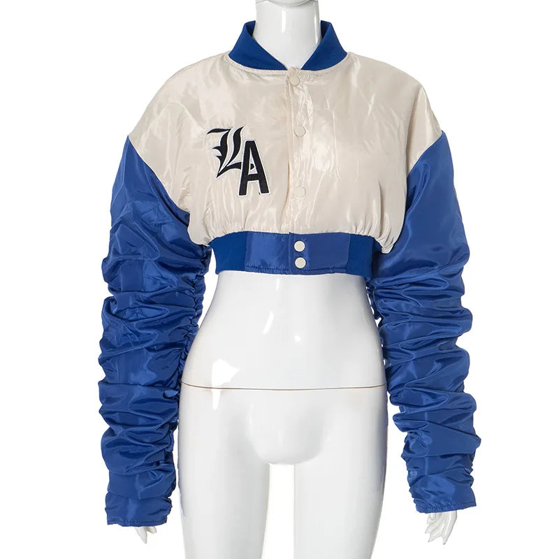 Sonicelife Y2K Women Letter Embroidery Crop Baseball Jackets Pleated Sleeves Outcoats Varsity Single Breasted Button Bomber Jacket Uniform