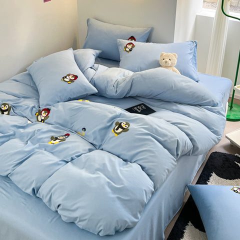 Sonicelife Mocha Bear Embroidery Bedding Set Twin Queen Duvet Cover Set Pillowcases for Adult Kids Bed Flat Sheet Cute Quilt Cover Kawaii