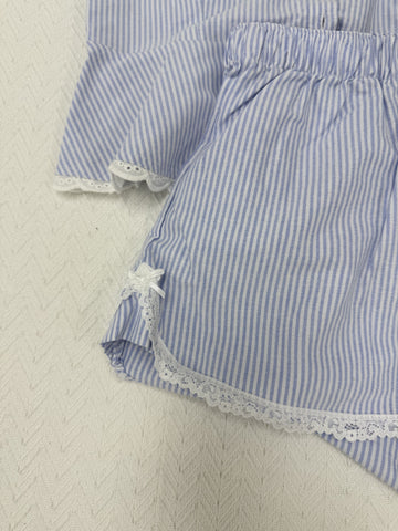 Sonicelife Cute Blue Striped 2 Piece Set Outfits Women New Buttons T-shirts+Buttons Straight Short Pants Sweet Lace Trim Blouse Shorts Sets
