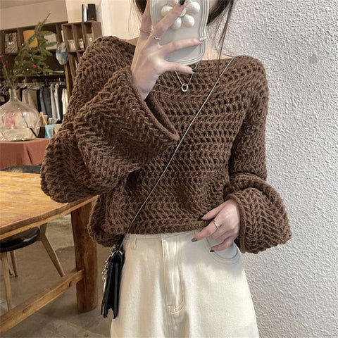 Black Friday Sonicelife Sexy Hollow Out Knit Sweater Women Y2K Korean Loose Long Sleeve O Neck Pullovers Autumn Thick Warm Solid All Match Jumpers New