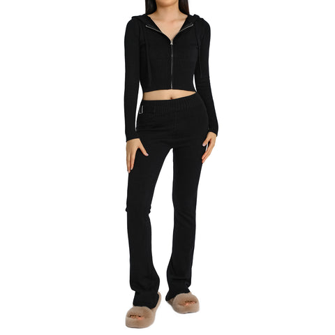 thanksgiving outfit Sonicelife Women Y2k 2 piece Outfits Knit Pants Set Long Sleeve Zipper Hoodie Crop Jacket Flare Pants Matching Tracksuit