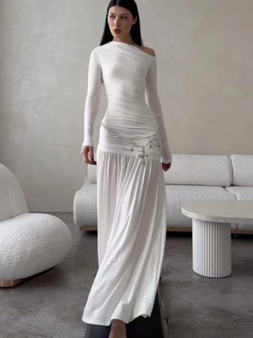 Sonicelife Fashion White Off Shoulder Long Dress Elegant Full Sleeve Slim Fit Pleated Dresses New Women's Summer Party Club Vestidos 2025