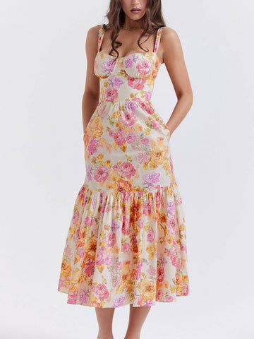 Sonicelife-Strap A-Hem Floral Midi Dress