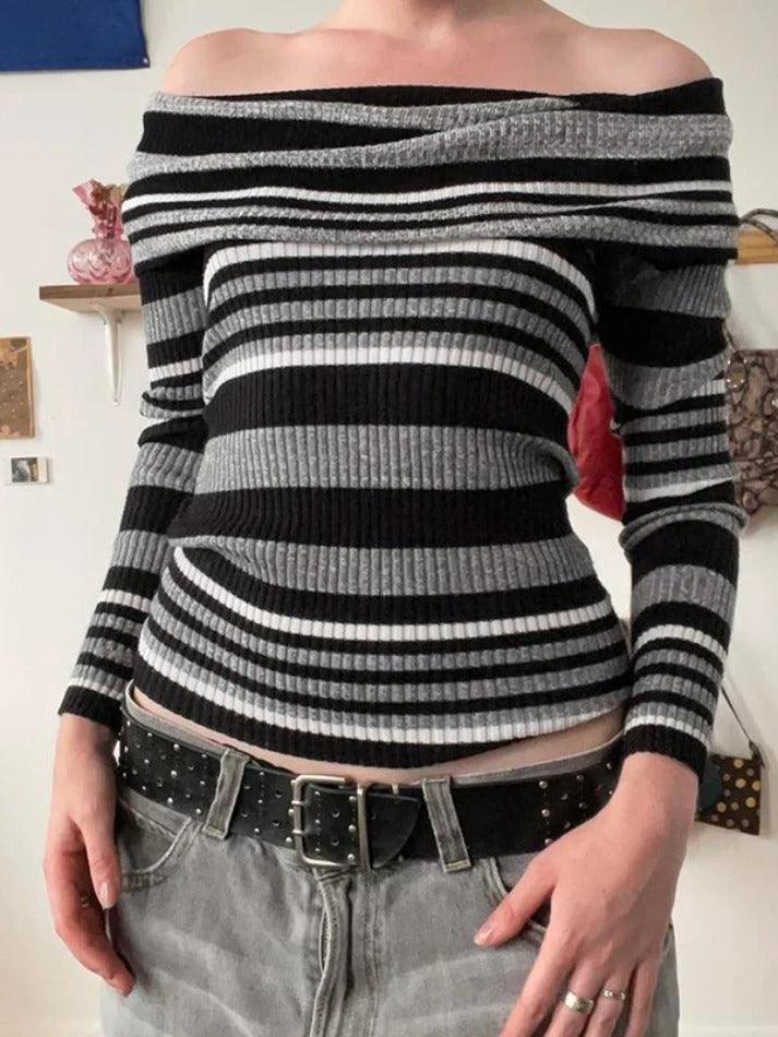 Sonicelife-Contrast Color Striped Off Shoulder Slim Sweater
