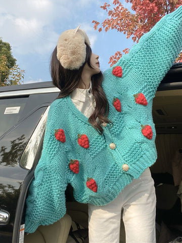 Sonicelife 3D Strawberry Sweet Cardigan Women Loose Long Sleeve Fashion Knitted Sweaters Korean Lazy Wind Casual Female Soft Cardigans