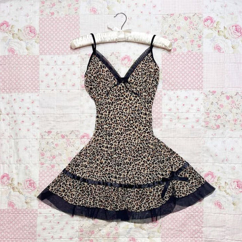 Sonicelife Y2k women dress chic lace leopard print retro fashion casual street punk hip hop emo girls Harajuku sweet V-neck suspender dress