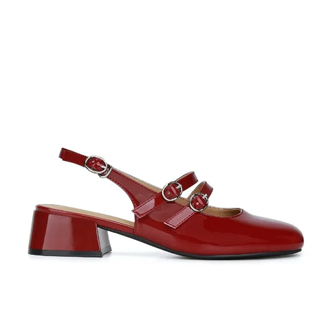 Sonicelife Classic Red Mary Jeans Woman Patent Leather Med-High Heels Sandals Two Buckle Belt Strap Shoes Femme Slingback Lolita Footwear