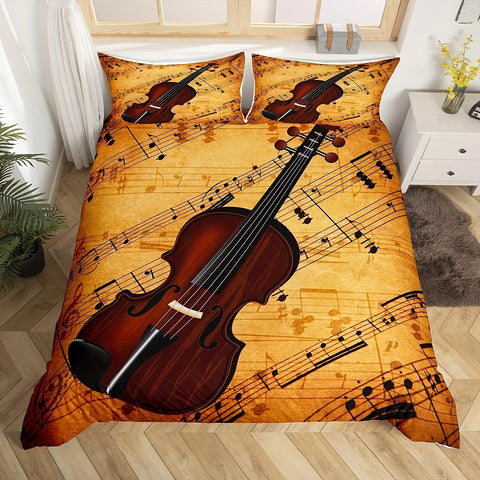 Sonicelife Violin Theme Duvet Cover Set Queen Size Music Notes Bedding Set 3pcs For Women Men Xmas Bedroom Decor Violin Music Lover Comfort