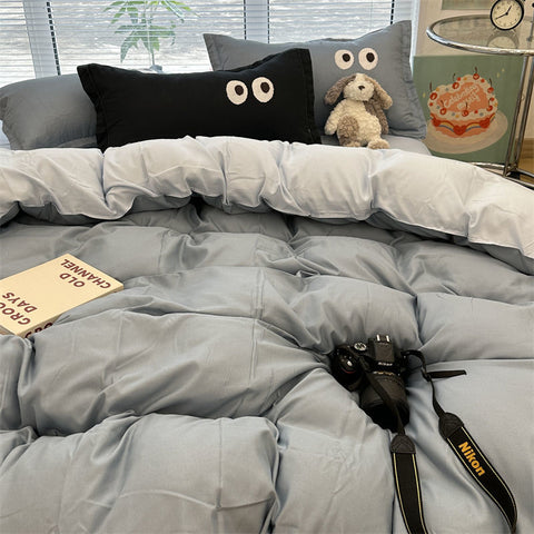 Sonicelife Ins Big Eye Cream Purple Solid Color Bedding Set Girls Boys Double Size Flat Sheet Duvet Cover Pillowcase Bed Linen Home Textile