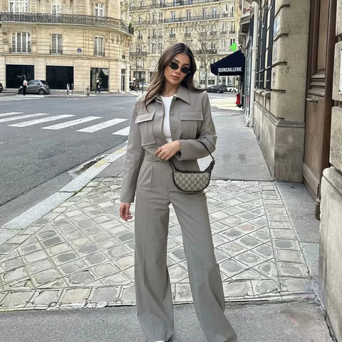 Sonicelife Spring Summer Casual Women Solid Suits Fashion Streetwear Pockets Turn-down Collar Short Jackets+Chic Wide leg pants