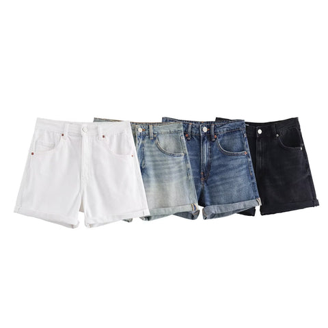 Sonicelife Women's new denim shorts, loose and comfortable, versatile high waisted straight leg curled edge shorts