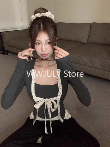 Sonicelife Woman Knitted Fake Two T-Shirts Spicy Girls Long Sleeve Tops Casual Slim Patchwork Lace Daily Elegant Sweet All-match Gyaru