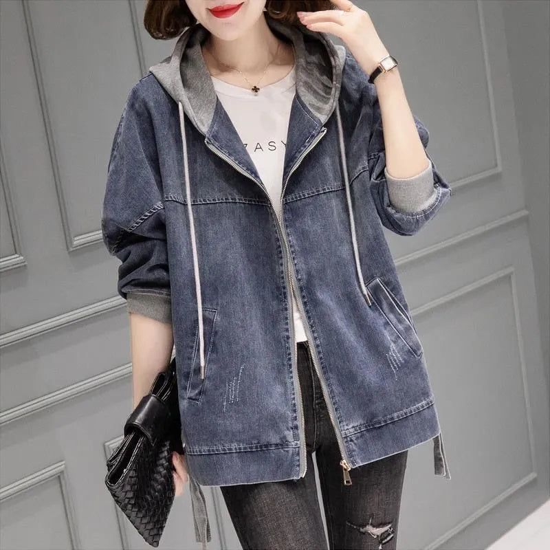 Sonicelife Women's Denim Jacket 2025 New Spring Autumn Fashion Korean Long Sleeve Jeans Coat Casual Hooded Baseball Uniform Top Clothes