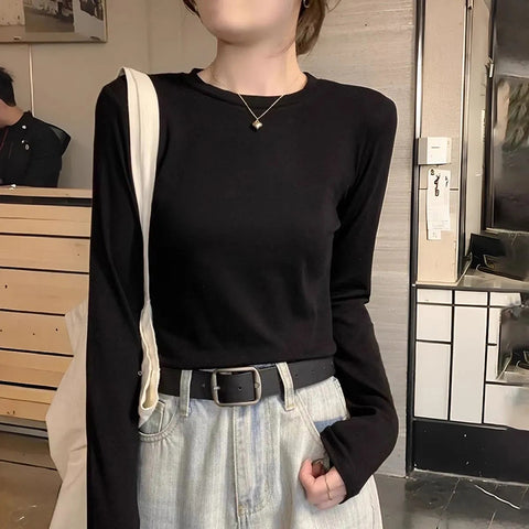 Sonicelife Grey O Neck Slim Bottoming T Shirt Women Autumn Winter Warm All Match Long Sleeved Tops Korean Streetwear Basic Tees New