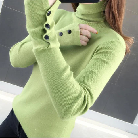 Sonicelife Women Turtleneck Solid Warm Sweater Buttons Long Sleeve Knit Basic Pullover Slim Office Jumper For Women 2024 Autumn Winter