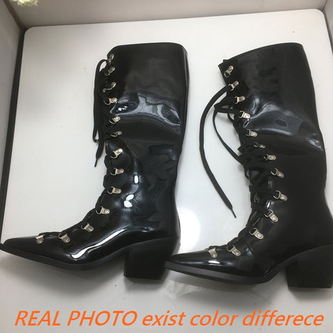 thanksgiving outfit Sonicelife Patent Leather Women Knee High Boots Pointed Toe Chunky Heel 6.5cm Lace Up Decor Size 44 45 46 Booties