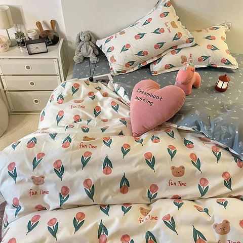 Sonicelife Rabbit Bedding Set Cute Sweetheart Spring Soft Flat Sheet Duvet Cover Pillowcase Single Double Queen Size Bed Linen