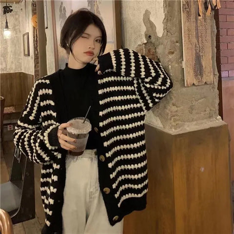 Black Friday Sonicelife Striped Knit Cardigan Women Black White Patchwork Fall Winter Warm Button Sweater Fashion Elegant Loose Chic Twist Coat