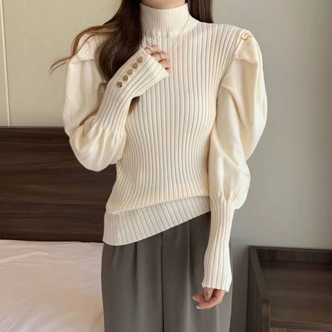 Sonicelife Fashion Puff Sleeve Sweaters Women Sweet Long Sleeve Korean Knitted Pullovers Casual Mock Neck Female Fall Apricot Jumpers