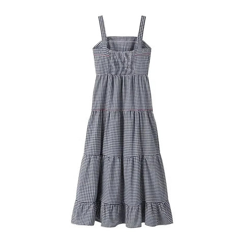 Sonicelife Embroidery Plaid Long Dresses Women Sleeveless Slip Midi Dress Woman Pleated Backless Beach Dress Vintage Summer Dress