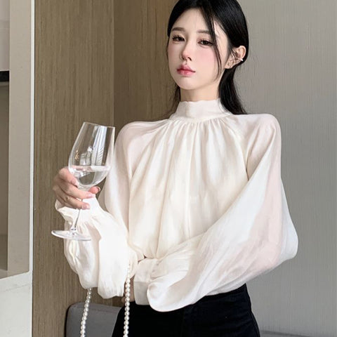 Sonicelife Vintage French Women Shirts Elegant Bow Tie Long Sleeve Blouse Office Ladies New Fashion Chic Solid Female Tops Spring Autumn